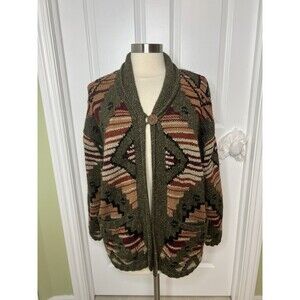 Hand Knit Shawl Cardigan Sweater L Aztec Southwest Patch Pocket Country Shop EUC